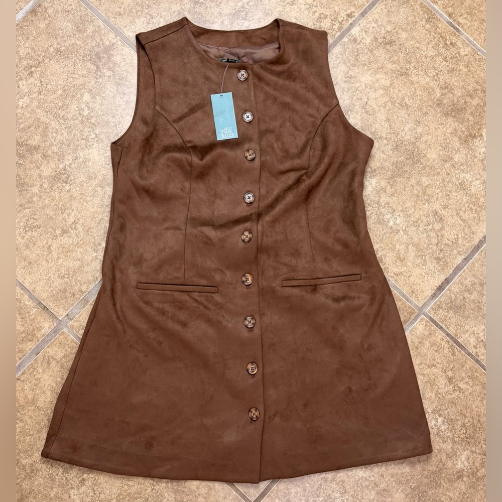 Wild Fable Brown Faux Suede Button Front Sleeveless Dress Women’s Large NWT